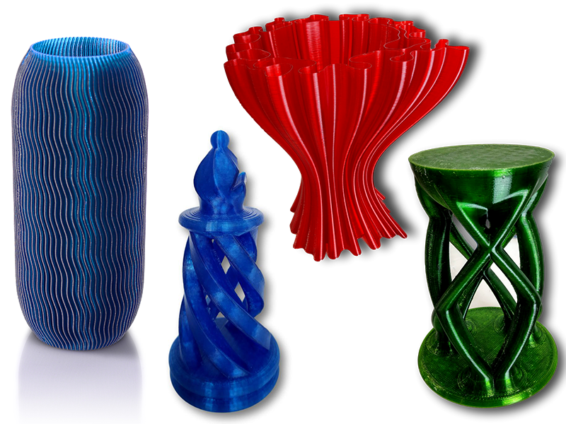 Teile im 3D-Druck mit dem PETG Standard HS Filament in Navy Blue Transparent, Blue Sky Transparent, Red Wine Transparent und Pure Green Transparent